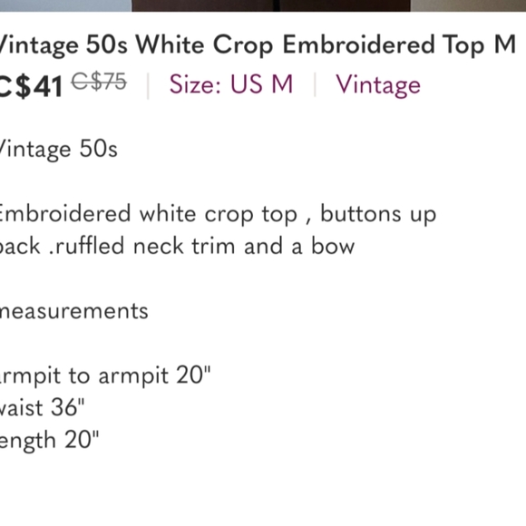 Vintage 50s White Crop Embroidered Top M - Picture 7 of 7